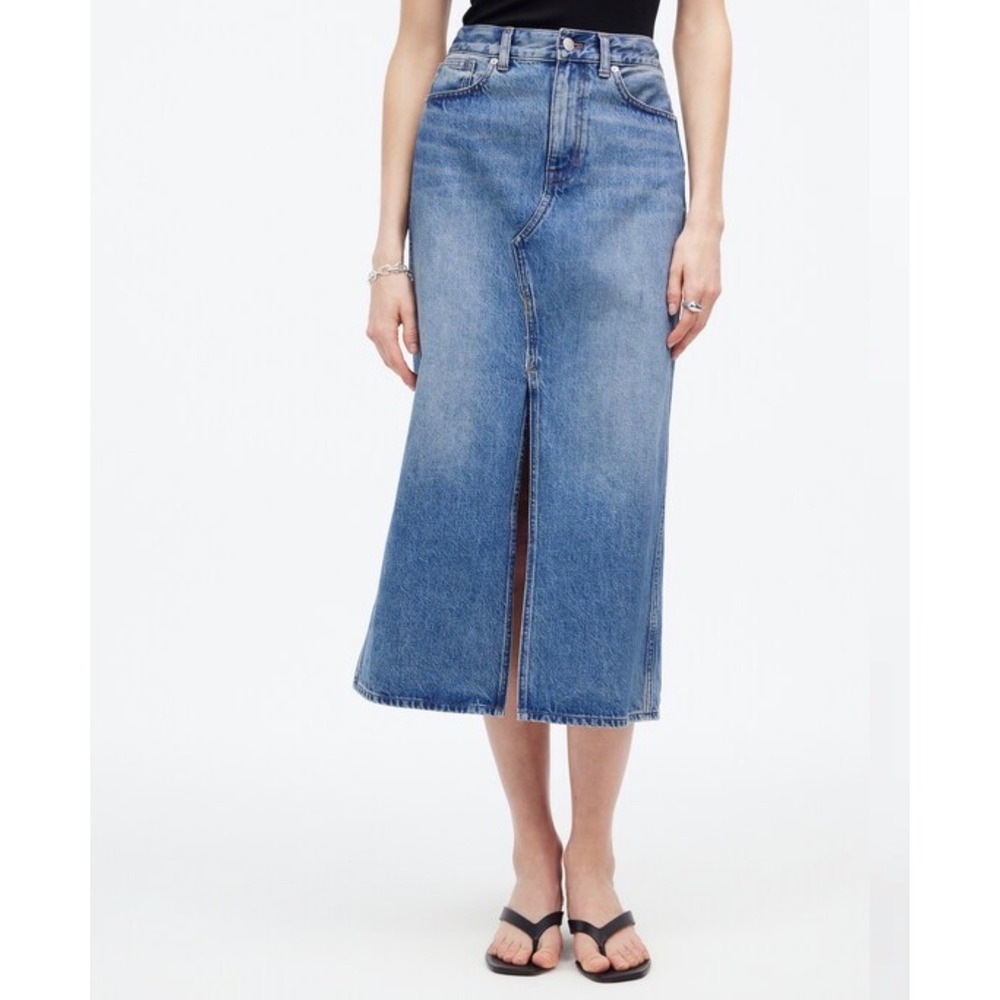NWT Madewell Rilee Denim Midi Skirt Size 33 Blue Front‎ Slit Enmore Wash Cotton